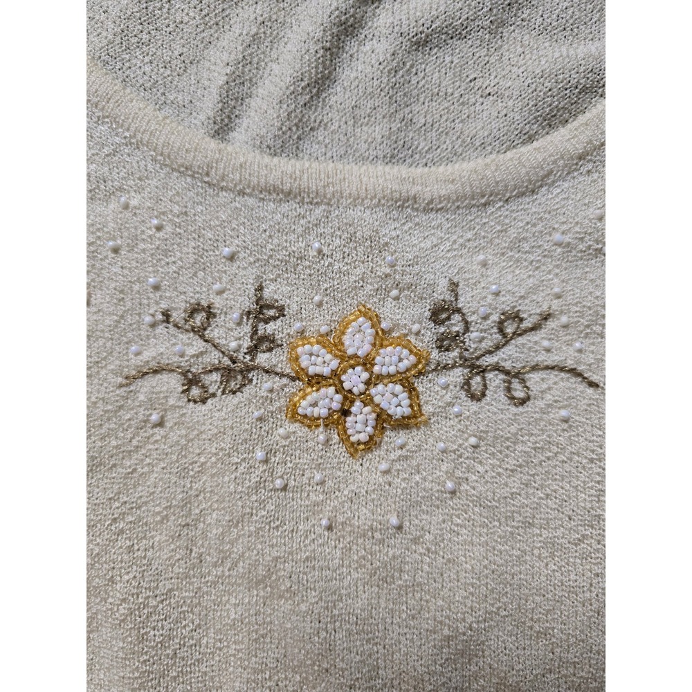 Kim Rogers XL Cream Short Sleeve Beaded Floral Knit Top Sweater Blouse (C)